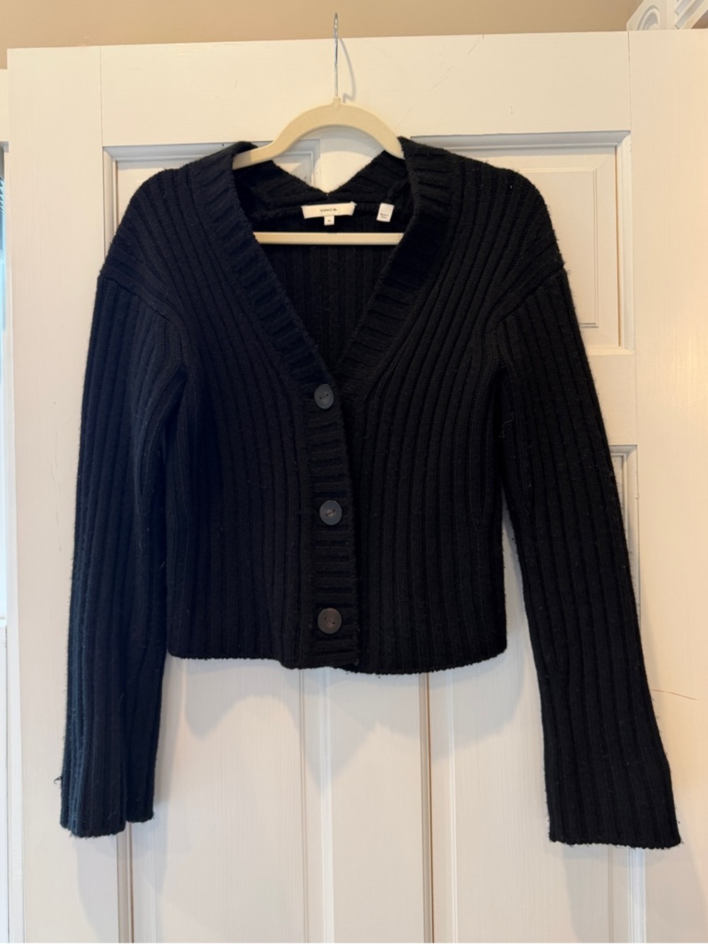 Vince Black Wool-Cashmere Blend Ribbed Cardigan XS